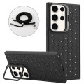 For Samsung Galaxy S24 Ultra 5G Honeycomb Radiating Lens Holder Magsafe Phone Case with Lanyard(Blac