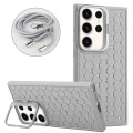For Samsung Galaxy S24 Ultra 5G Honeycomb Radiating Lens Holder Magsafe Phone Case with Lanyard(Grey