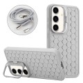 For Samsung Galaxy S23 FE 5G Honeycomb Radiating Lens Holder Magsafe Phone Case with Lanyard(Grey)