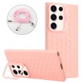 For Samsung Galaxy S23 Ultra 5G Honeycomb Radiating Lens Holder Magsafe Phone Case with Lanyard(Pink