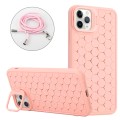 For iPhone 15 Pro Honeycomb Radiating Lens Holder Magsafe Phone Case with Lanyard(Pink)