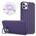 For iPhone 15 Pro Honeycomb Radiating Lens Holder Magsafe Phone Case with Lanyard(Purple)