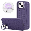 For iPhone 15 Plus Honeycomb Radiating Lens Holder Magsafe Phone Case with Lanyard(Purple)