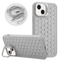 For iPhone 15 Plus Honeycomb Radiating Lens Holder Magsafe Phone Case with Lanyard(Grey)