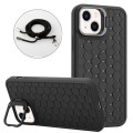 For iPhone 15 Honeycomb Radiating Lens Holder Magsafe Phone Case with Lanyard(Black)