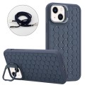 For iPhone 14 Honeycomb Radiating Lens Holder Magsafe Phone Case with Lanyard(Blue)