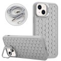 For iPhone 14 Honeycomb Radiating Lens Holder Magsafe Phone Case with Lanyard(Grey)