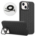 For iPhone 13 Honeycomb Radiating Lens Holder Magsafe Phone Case with Lanyard(Black)
