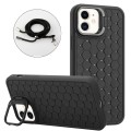 For iPhone 12 Honeycomb Radiating Lens Holder Magsafe Phone Case with Lanyard(Black)
