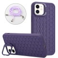 For iPhone 11 Honeycomb Radiating Lens Holder Magsafe Phone Case with Lanyard(Purple)