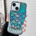 For iPhone 15 Mermaid Shape Painted Paper Embossed Electroplated TPU Phone Case(Blue)