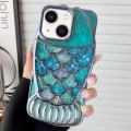 For iPhone 14 Mermaid Shape Painted Paper Embossed Electroplated TPU Phone Case(Blue)