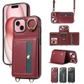For iPhone 15 Plus Crossbodys Card Bag Ring Holder Leather Phone Case(Red)