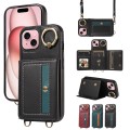 For iPhone 15 Plus Crossbodys Card Bag Ring Holder Leather Phone Case(Black)