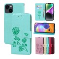 For iPhone 15 Rose Embossed Flip PU Leather Phone Case(Green)