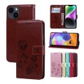 For iPhone 15 Rose Embossed Flip PU Leather Phone Case(Brown)
