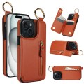 For iPhone 15 Plus Litchi Texture Zipper Double Buckle Card Bag Phone Case(Brown)