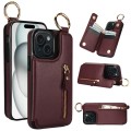For iPhone 15 Plus Litchi Texture Zipper Double Buckle Card Bag Phone Case(Maroon Red)