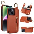 For iPhone 14 Litchi Texture Zipper Double Buckle Card Bag Phone Case(Brown)