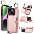 For iPhone 14 Litchi Texture Zipper Double Buckle Card Bag Phone Case(Rose Gold)