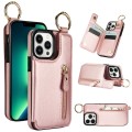 For iPhone 13 Pro Max Litchi Texture Zipper Double Buckle Card Bag Phone Case(Rose Gold)