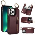 For iPhone 13 Pro Litchi Texture Zipper Double Buckle Card Bag Phone Case(Maroon Red)
