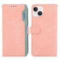 For iPhone 15 Plus ABEEL Color Block Magnetic RFID Leather Phone Case(Pink-Cyan)