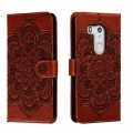 For Fujitsu Arrows Be3 F-02L Sun Mandala Embossing Pattern Phone Leather Case(Brown)