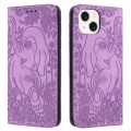For iPhone 15 Retro Elephant Embossed Leather Phone Case(Purple)