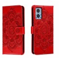For Motorola Moto E22 Sun Mandala Embossing Pattern Phone Leather Case(Red)