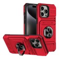 For iPhone 15 Pro TPU+PC Shockproof Card Phone Case with Metal Ring Holder(Red)