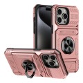 For iPhone 15 Pro TPU+PC Shockproof Card Phone Case with Metal Ring Holder(Rose Gold)