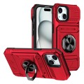 For iPhone 15 TPU+PC Shockproof Card Phone Case with Metal Ring Holder(Red)
