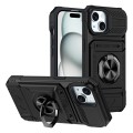 For iPhone 15 TPU+PC Shockproof Card Phone Case with Metal Ring Holder(Black)