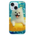 For iPhone 15 Double Sided IMD Full Coverage TPU Phone Case(Yellow Swimming Ring Pomeranian)