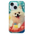 For iPhone 15 Double Sided IMD Full Coverage TPU Phone Case(Pink Swimming Ring Pomeranian)