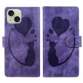 For iPhone 15 Pen Heart Cat Embossed Leather Phone Case(Purple)