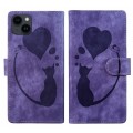 For iPhone 14 Plus Pen Heart Cat Embossed Leather Phone Case(Purple)
