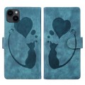 For iPhone 14 Plus Pen Heart Cat Embossed Leather Phone Case(Blue)