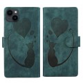 For iPhone 13 Pen Heart Cat Embossed Leather Phone Case(Green)