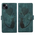 For iPhone 13 mini Pen Heart Cat Embossed Leather Phone Case(Green)