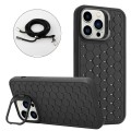 For iPhone 15 Pro Max Honeycomb Radiating Holder TPU Phone Case with Lanyard(Black)