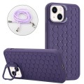 For iPhone 15 Plus Honeycomb Radiating Holder TPU Phone Case with Lanyard(Purple)