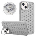 For iPhone 15 Honeycomb Radiating Holder TPU Phone Case with Lanyard(Grey)