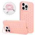 For iPhone 14 Pro Max Honeycomb Radiating Holder TPU Phone Case with Lanyard(Pink)