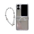 For OPPO Find N2 Flip Skin Feel PC Feather Gauze Glitter Paper Camellia Phone Case with Bracelet(Tra