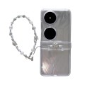 For Huawei P50 Pocket Skin Feel PC Feather Gauze Glitter Paper Camellia Phone Case with Bracelet(Tra