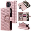 For iPhone 15 Pro Glitter Lattice Zipper Wallet Leather Phone Case(Rose Gold)