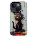 For iPhone 15 Plus Painted Color Ink Animals TPU Phone Case(Black Cat)
