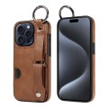 For iPhone 15 Pro Max Calf Texture Wrist Card Slot Ring Phone Case(Brown)